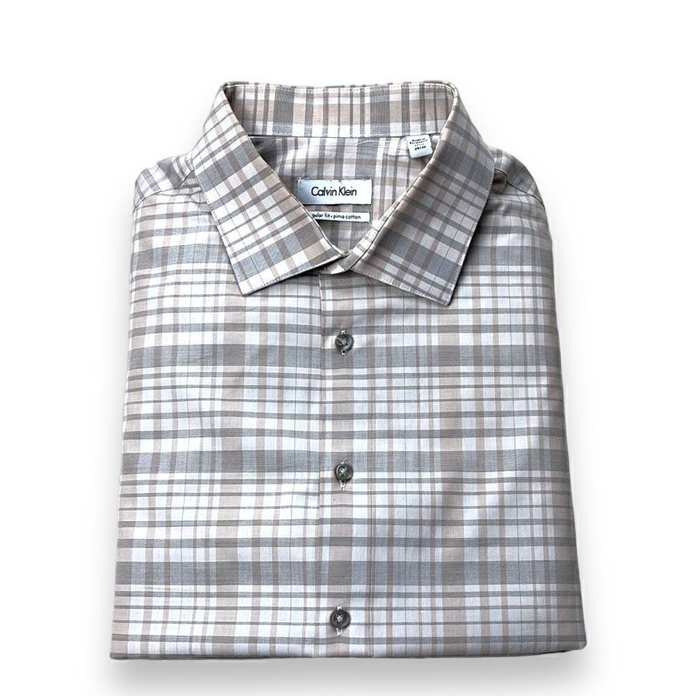 Calvin Klein Shirt Mens 17.5 34/35 Beige Plaid Long Sleeve Button Down